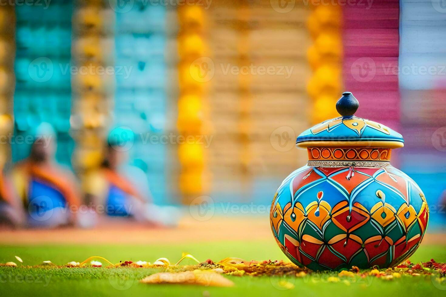 a colorful vase sitting on the grass with people in the background. AI-Generated photo