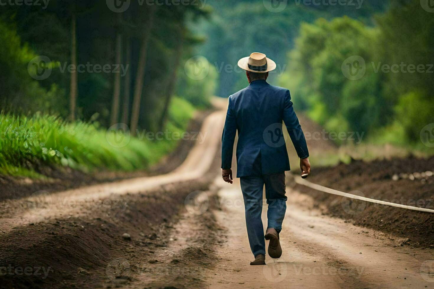 a man in a suit and hat walking down a dirt road. AI-Generated photo