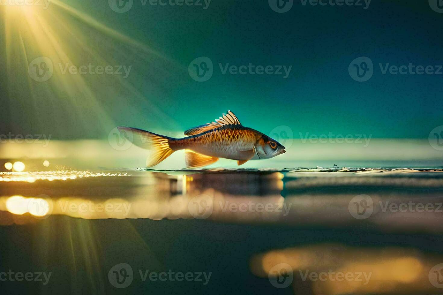 un pescado es en pie en el agua con el Dom brillante. generado por ai foto