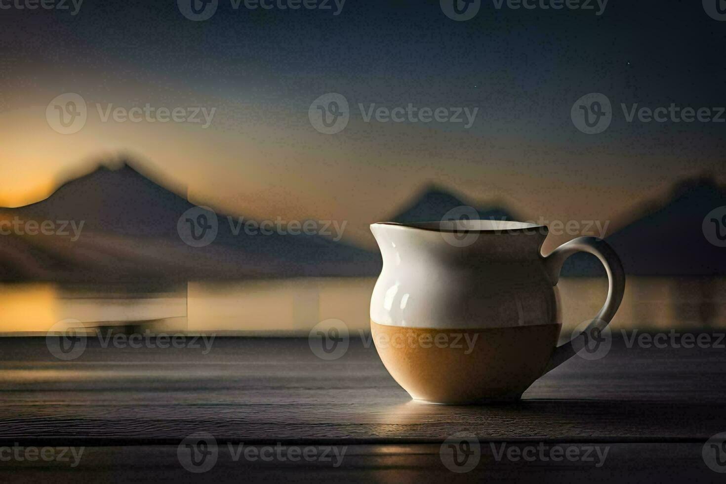 a coffee cup sits on a table in front of a lake. AI-Generated photo