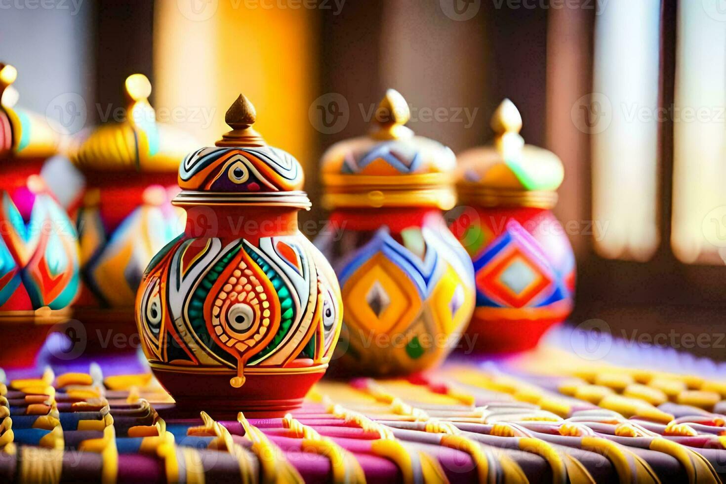 colorful decorative pots on a table. AI-Generated photo