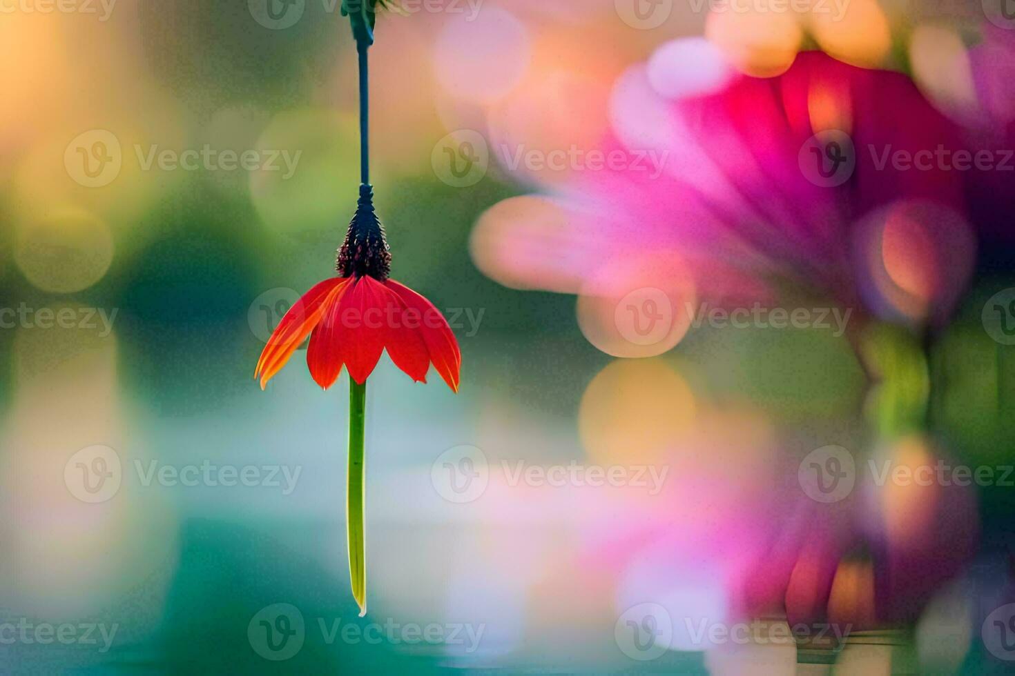 a red flower hanging from a branch over water. AI-Generated photo