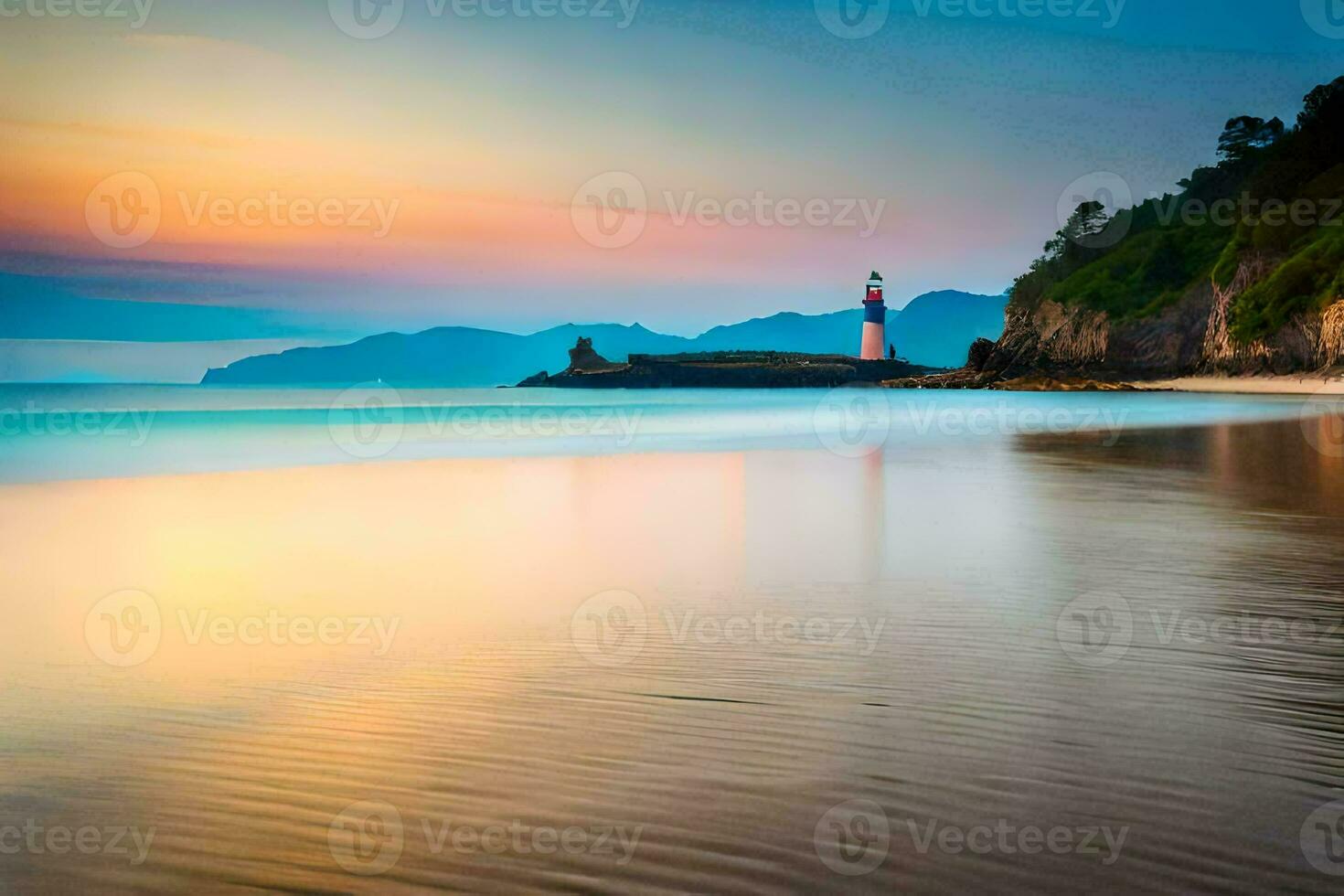 a lighthouse stands on the beach at sunset. AI-Generated photo