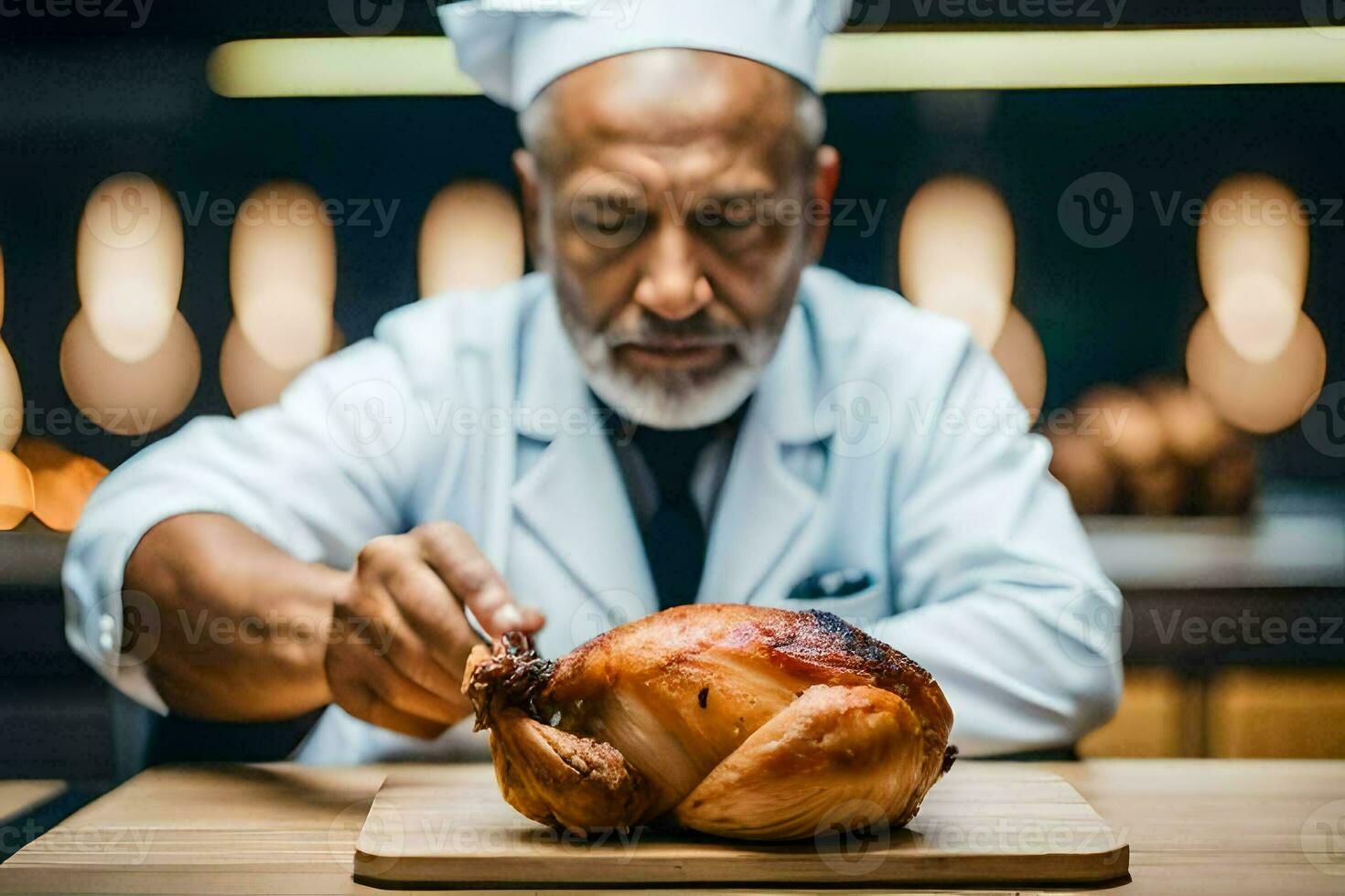 un cocinero preparando un asado pollo. generado por ai foto