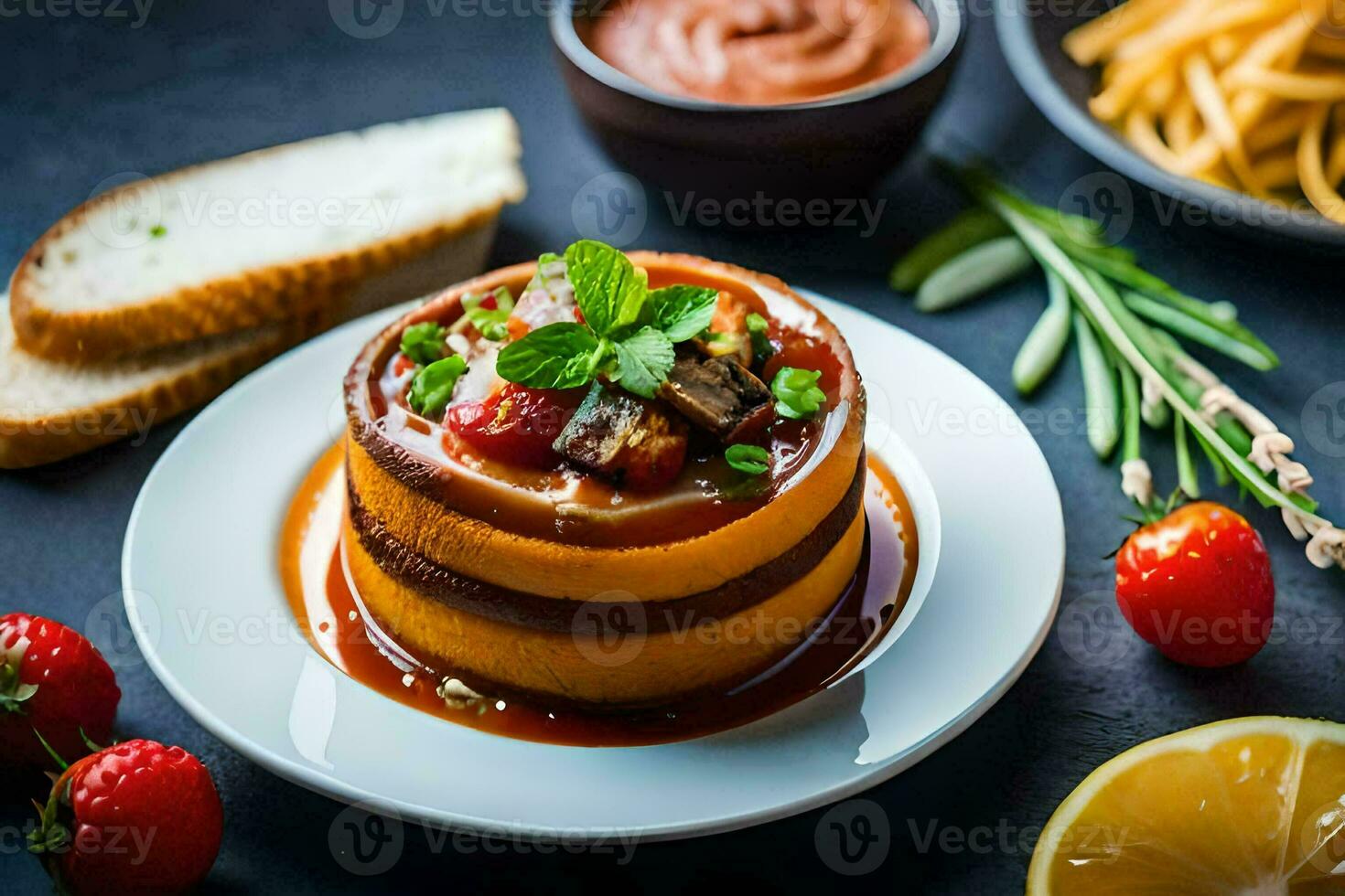 a stack of pancakes with sauce and strawberries. AI-Generated photo