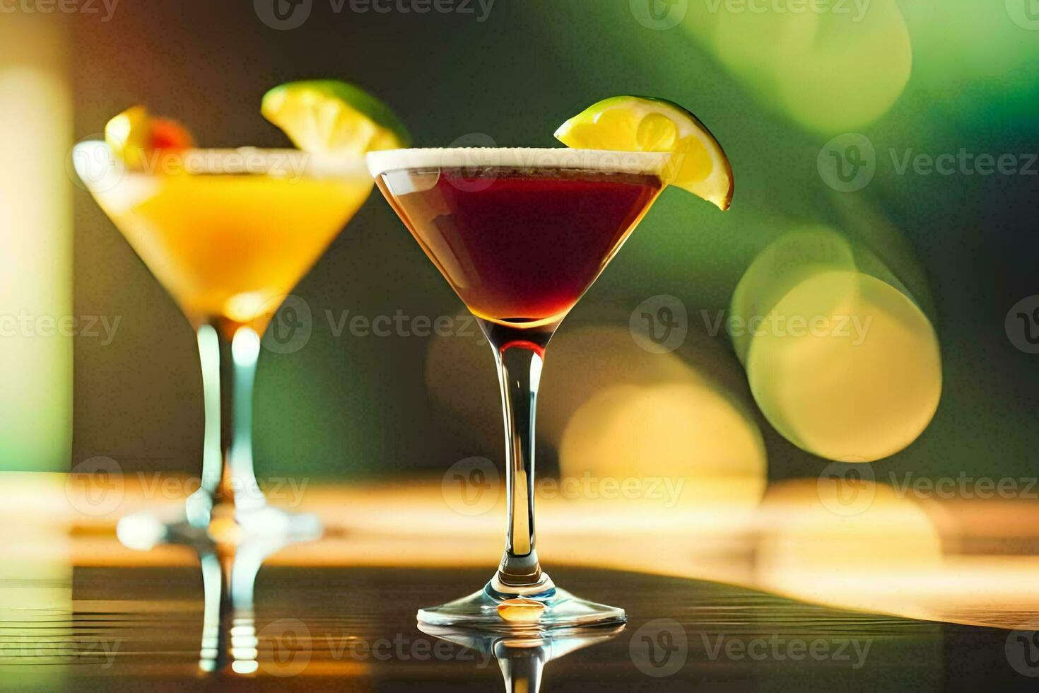 two cocktails on a table with a bright background. AI-Generated photo