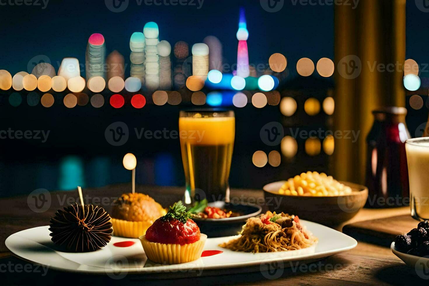 a plate of food with drinks and desserts on a table. AI-Generated photo