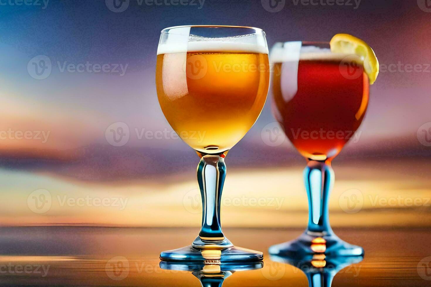 two glasses of beer with a sunset in the background. AI-Generated photo