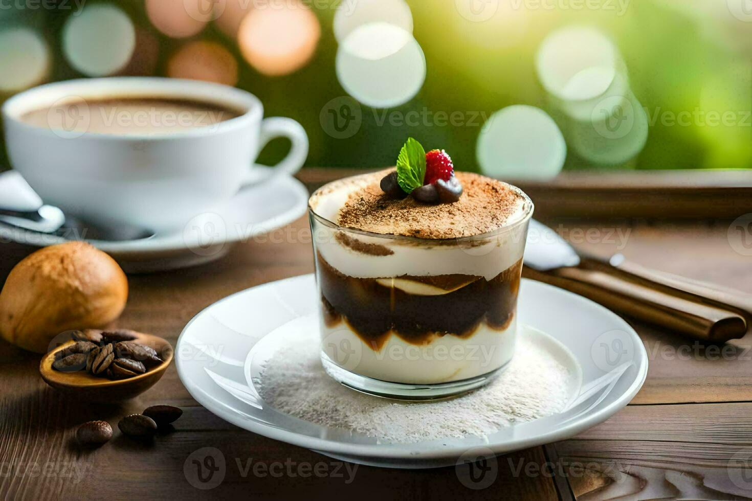 coffee and dessert on a wooden table. AI-Generated photo