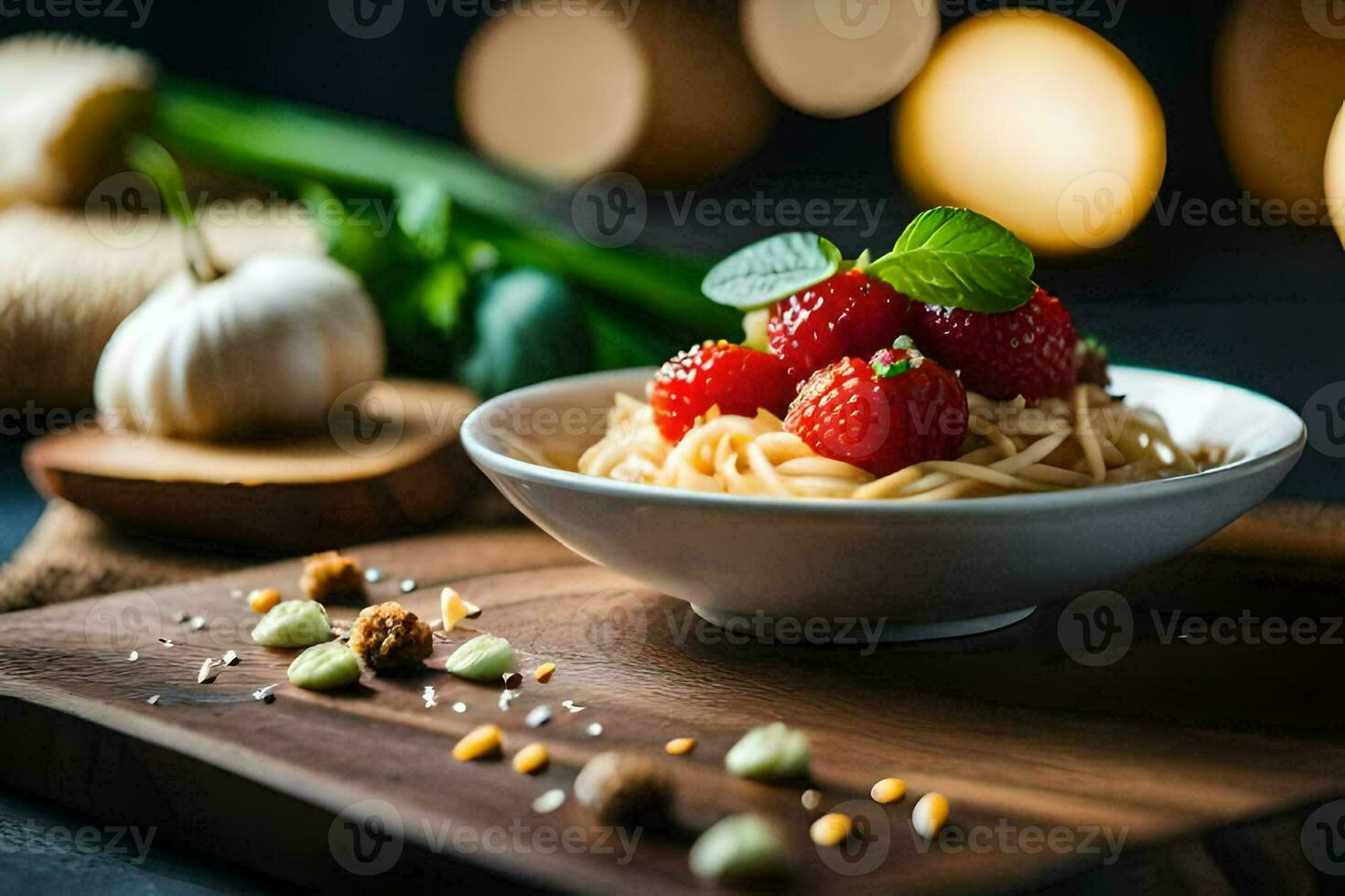 spaghetti with strawberries and basil on a wooden cutting board. AI-Generated photo
