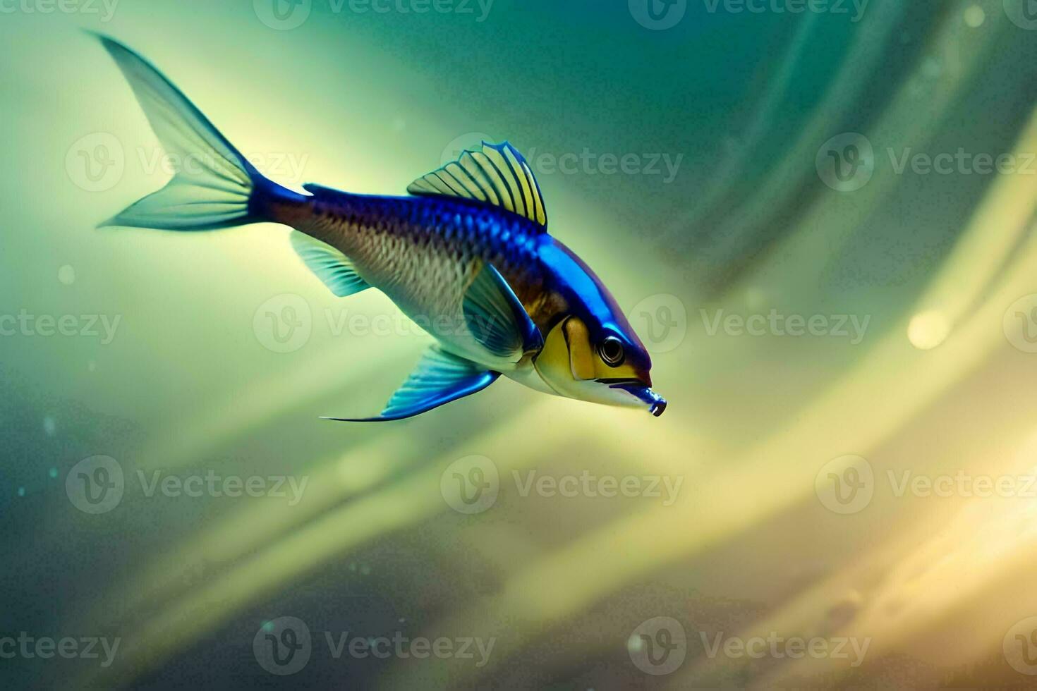 a fish swimming in the water with a bright light. AI-Generated photo