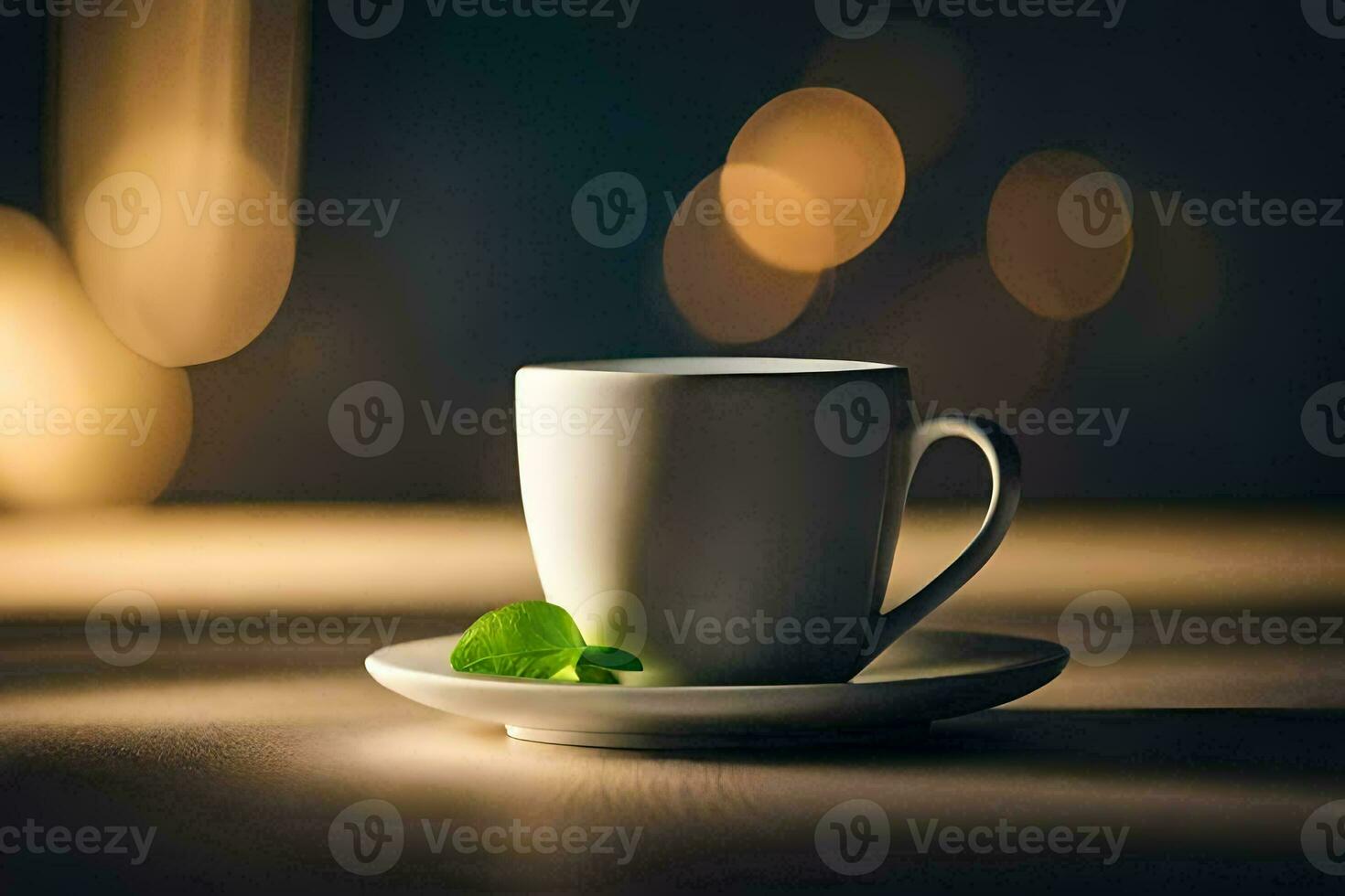 un taza de café en un de madera mesa con un hoja. generado por ai foto