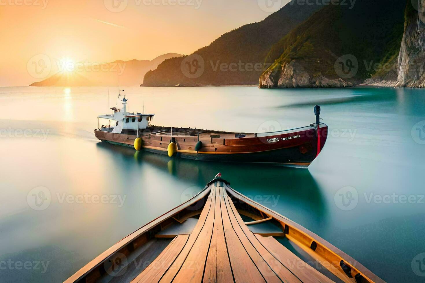 un barco en el Oceano a puesta de sol. generado por ai foto