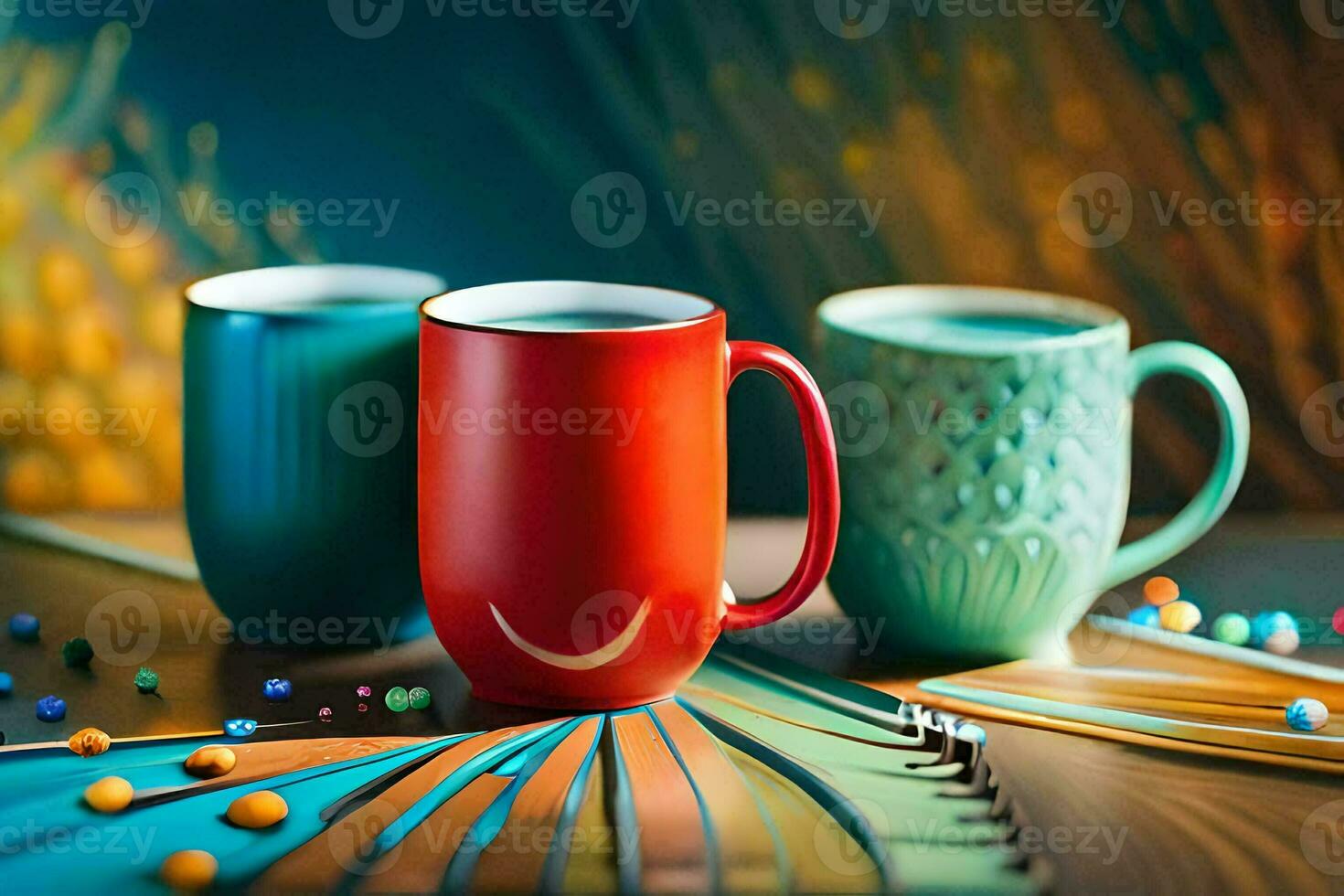 dos vistoso café tazas sentar en un mesa. generado por ai foto