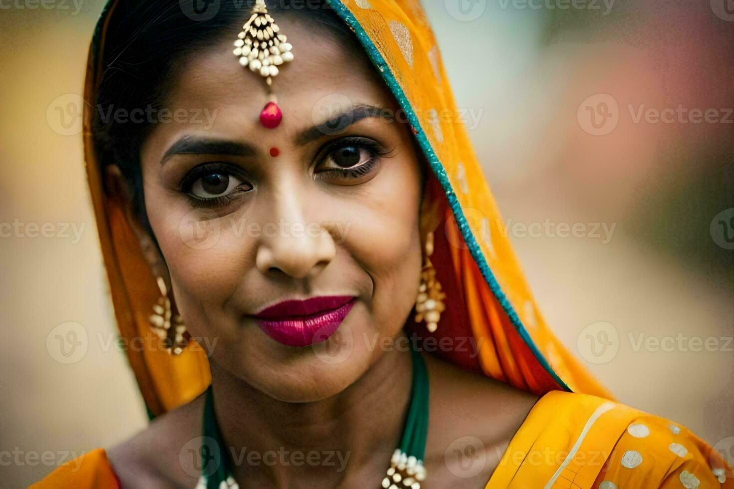 un mujer vistiendo un sari y joyas. generado por ai foto