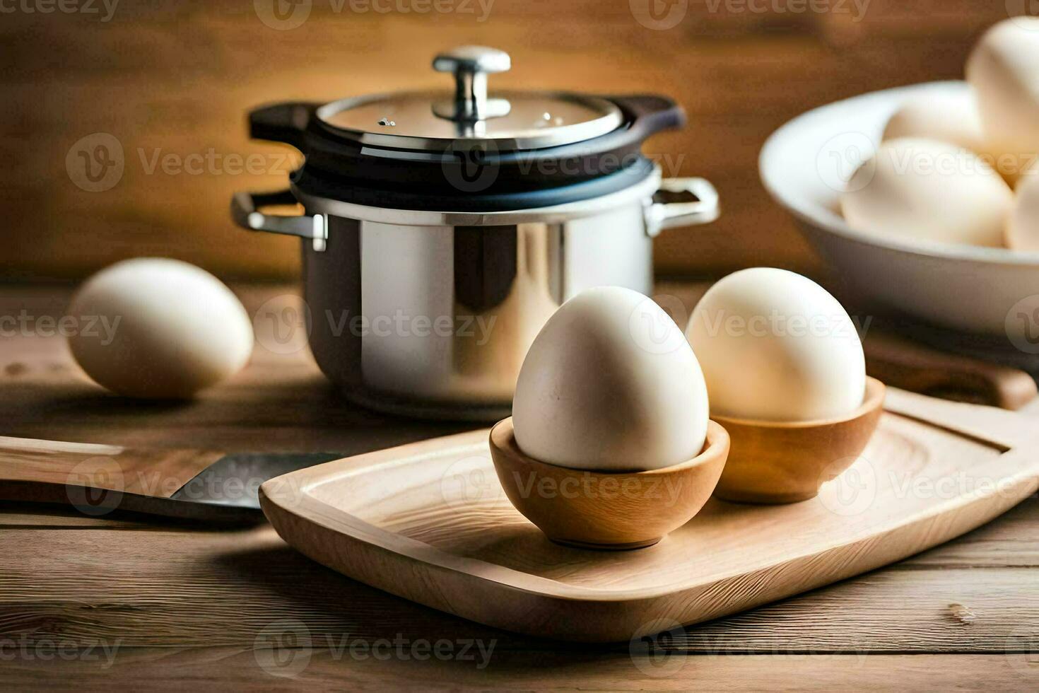 eggs on a cutting board next to a pot and a pan. AI-Generated photo