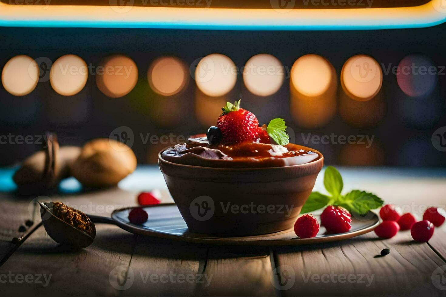 a dessert with strawberries and mint on a wooden table. AI-Generated photo