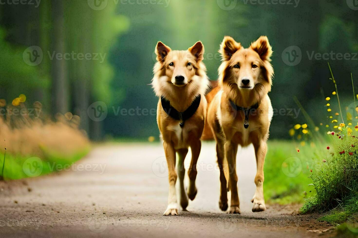 dos perros caminando abajo un camino en el bosque. generado por ai foto