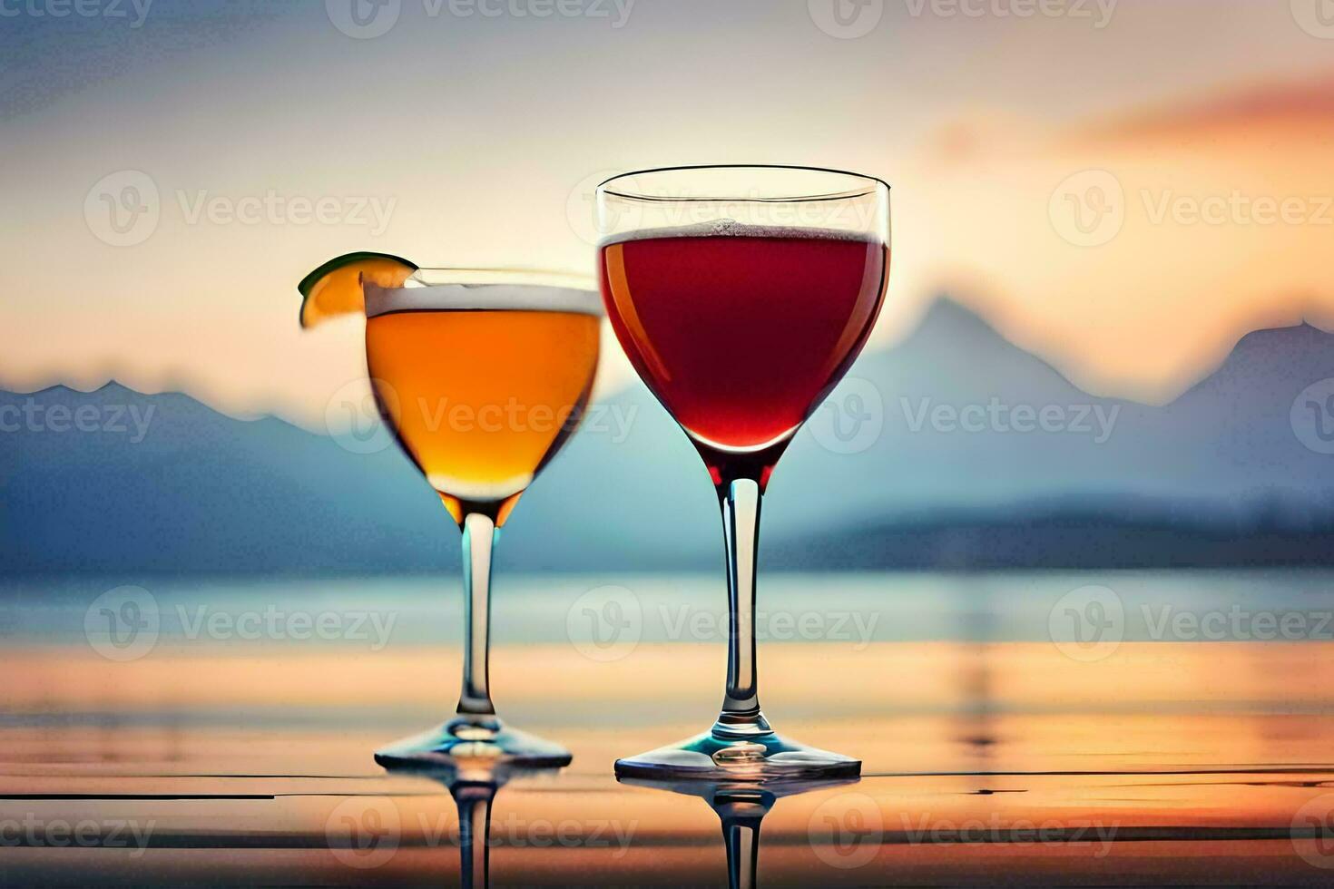 two glasses of wine with a sunset in the background. AI-Generated photo