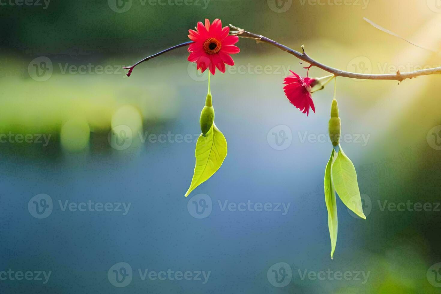 photo wallpaper the sky, the sun, the flowers, the tree, the water, the leaves. AI-Generated