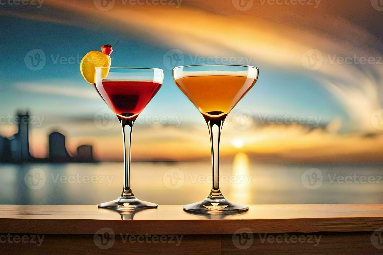 two glasses of cocktails on a table with a sunset in the background. AI-Generated photo
