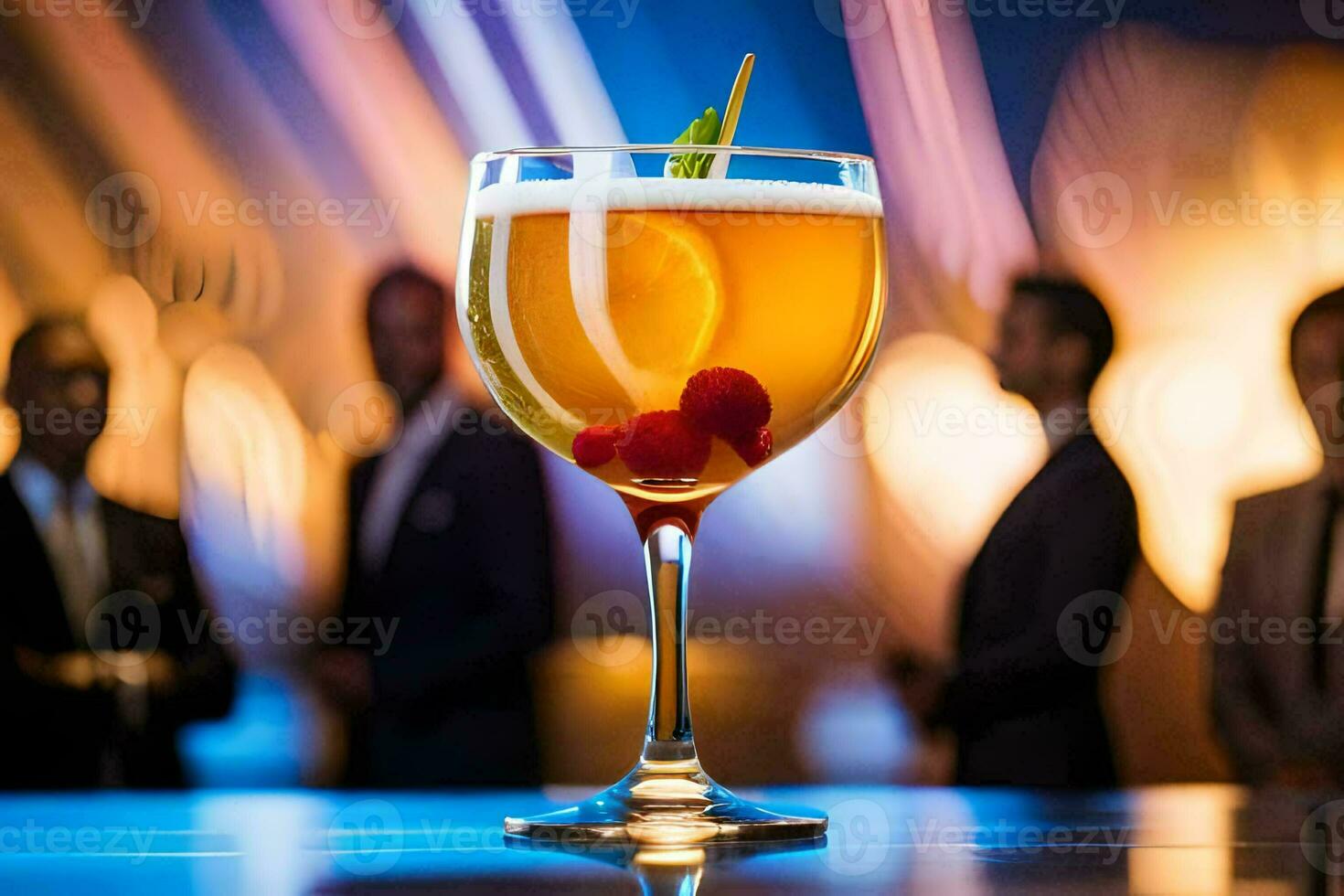 a cocktail with a cherry on top in front of a group of people. AI-Generated photo