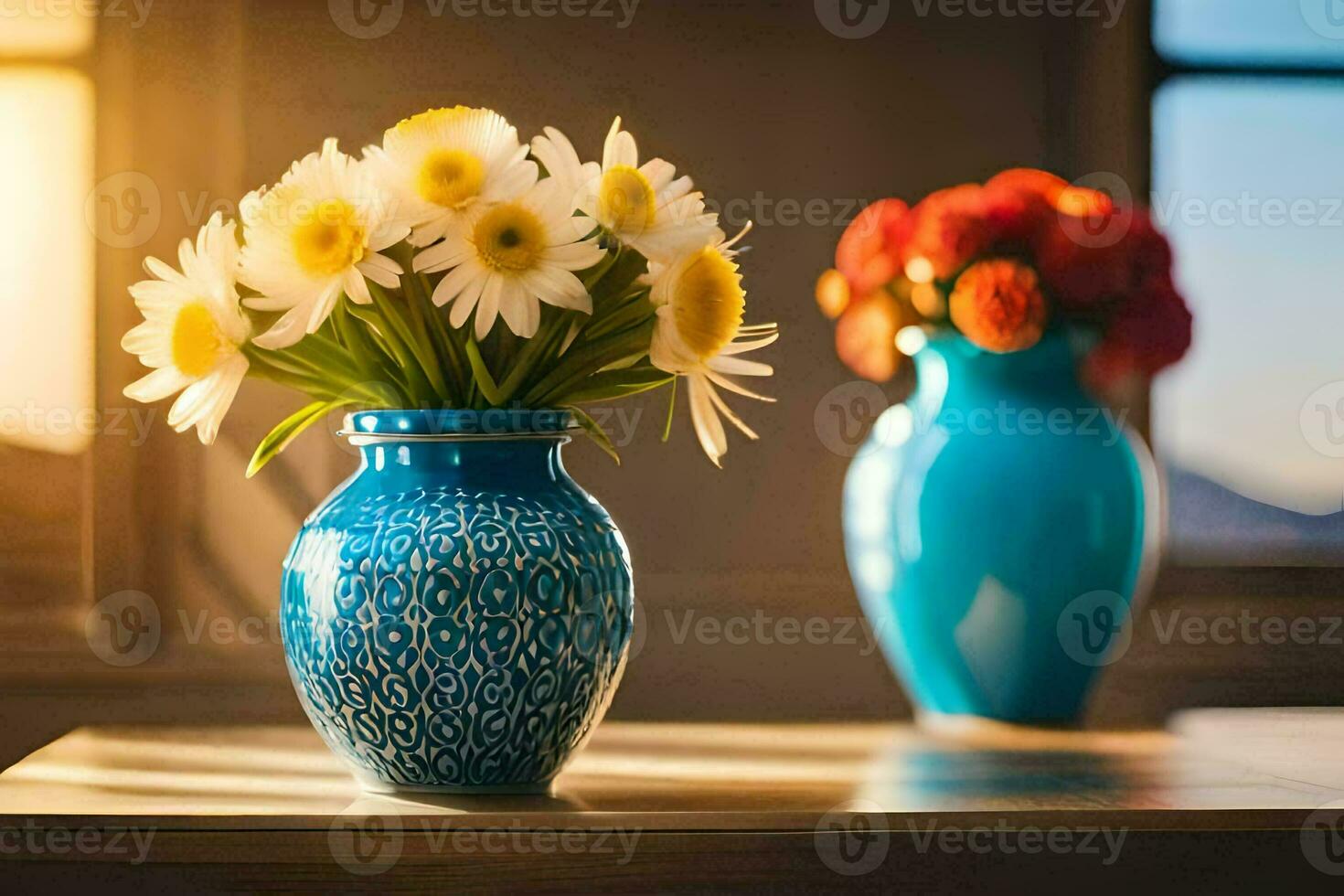 two vases with flowers sitting on a table. AI-Generated photo