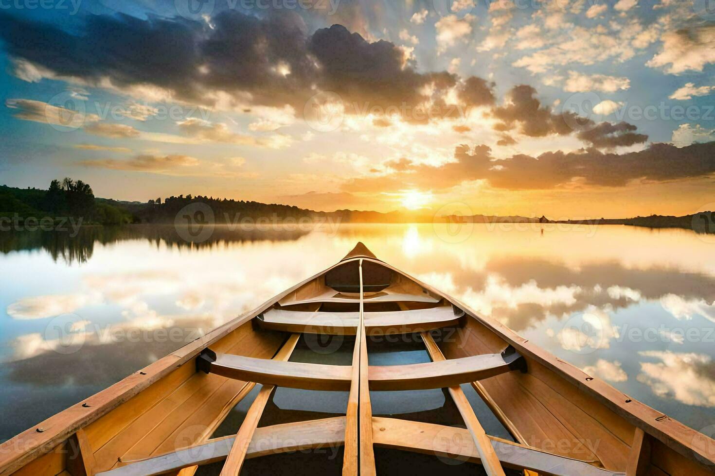 a canoe is floating on the calm water at sunset. AI-Generated photo