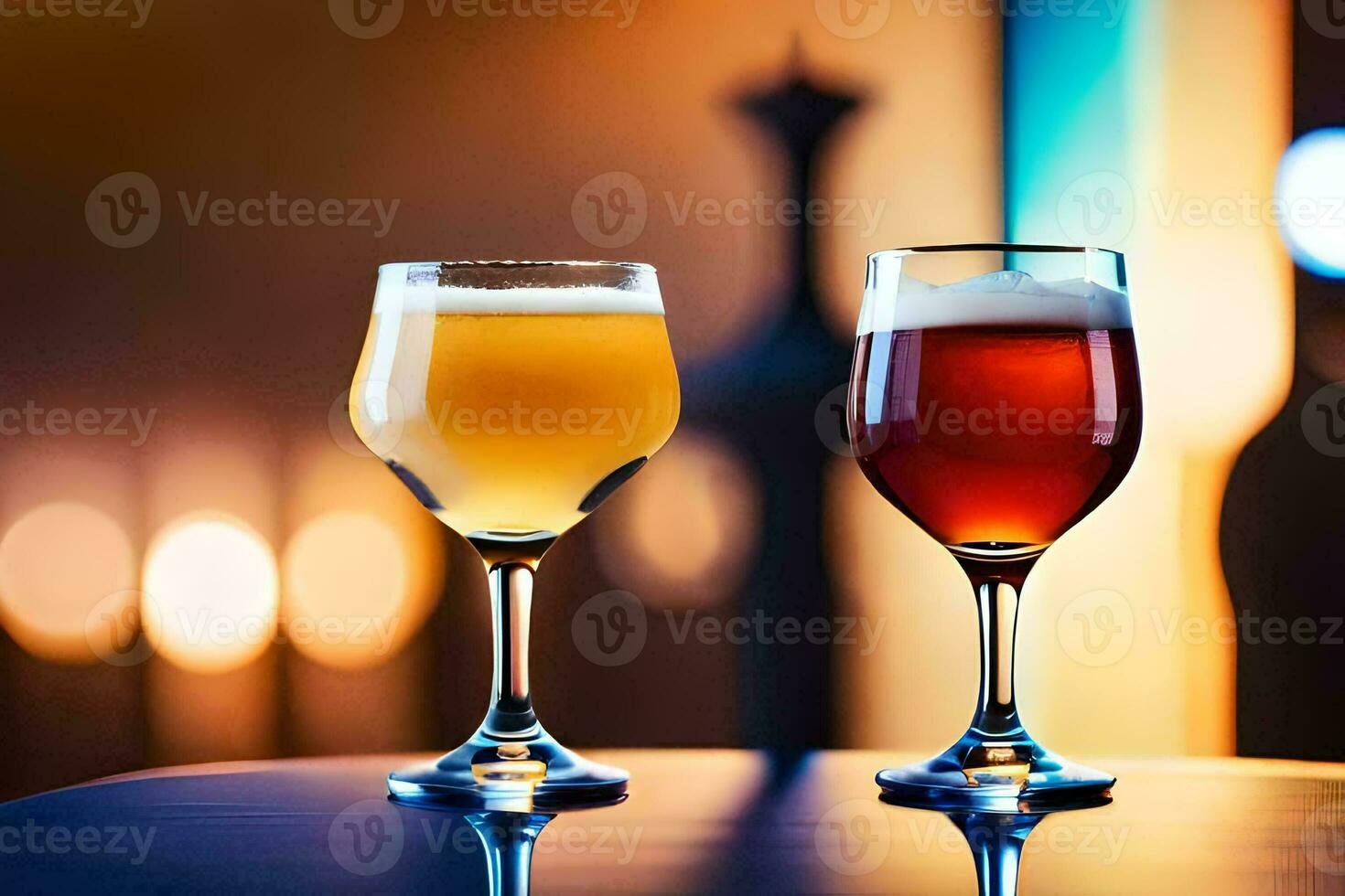 two glasses of beer on a table. AI-Generated photo