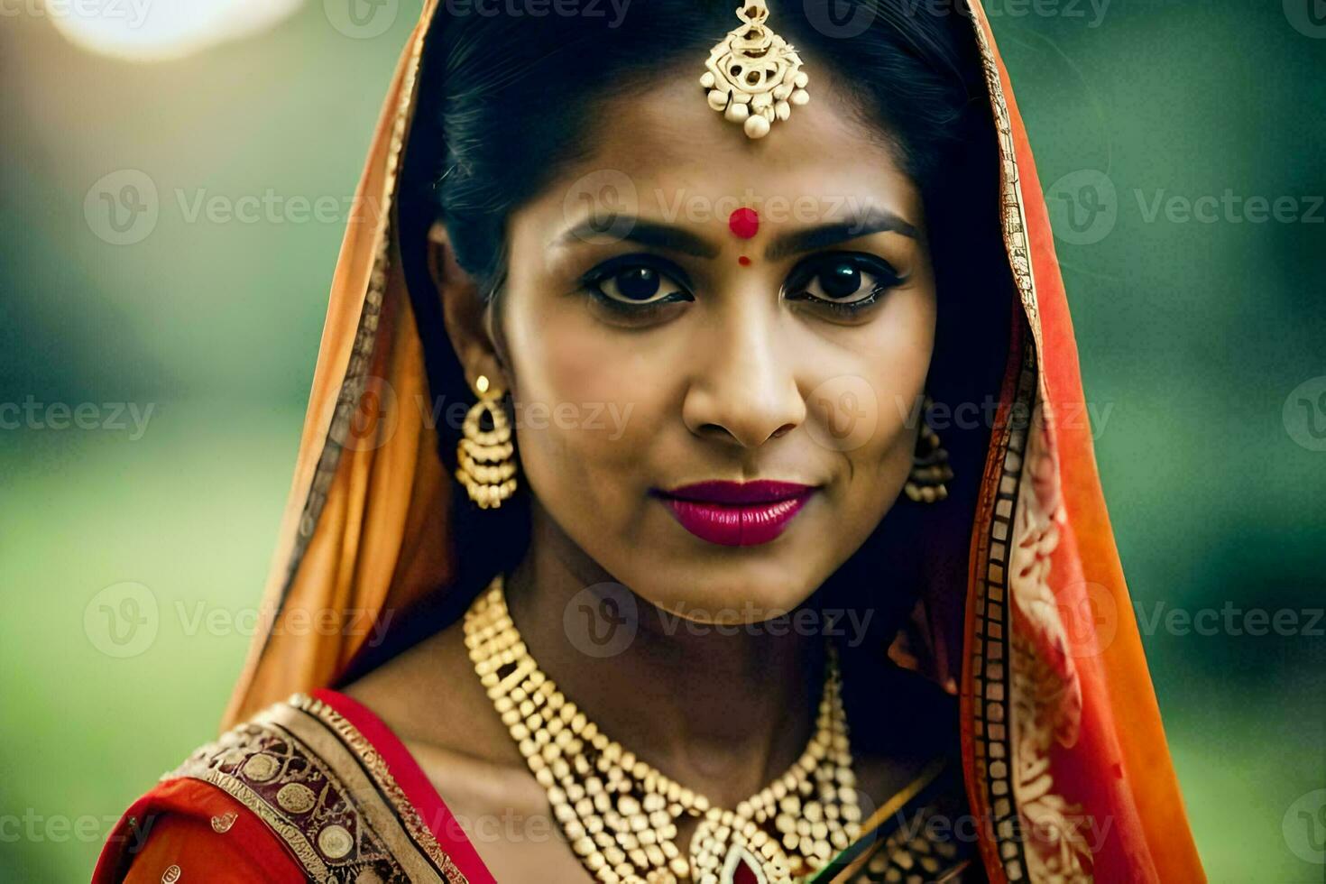 a beautiful indian woman wearing a traditional sari. AI-Generated photo