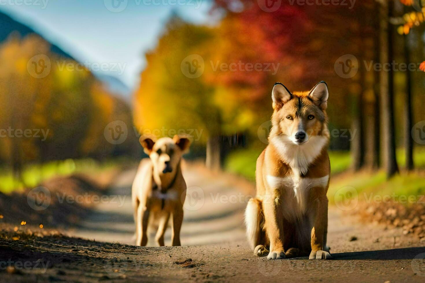 two dogs are sitting on the road in front of a tree. AI-Generated photo