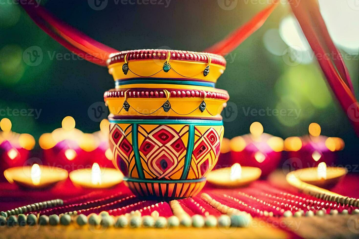 a colorful pot with candles on a table. AI-Generated photo