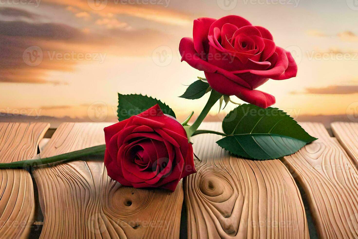 two red roses on a wooden table with sunset in the background. AI-Generated photo