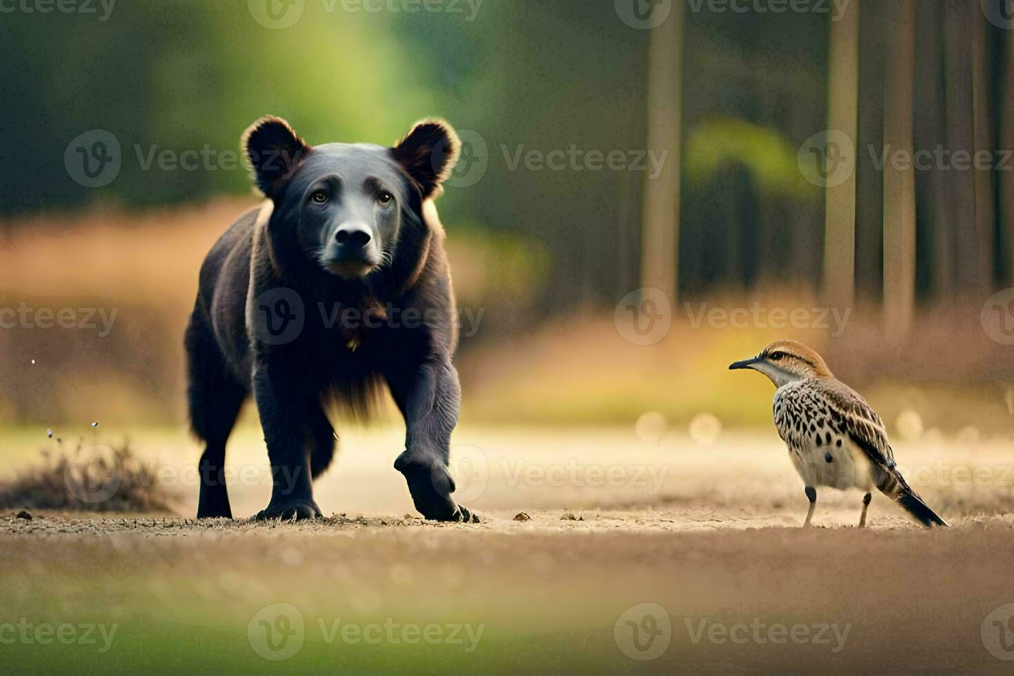 a bear and a bird walk on a dirt road. AI-Generated photo