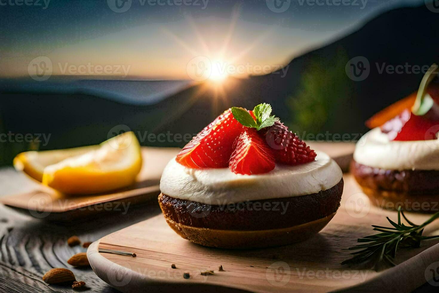 two mini desserts with strawberries and lemon on a wooden board. AI-Generated photo