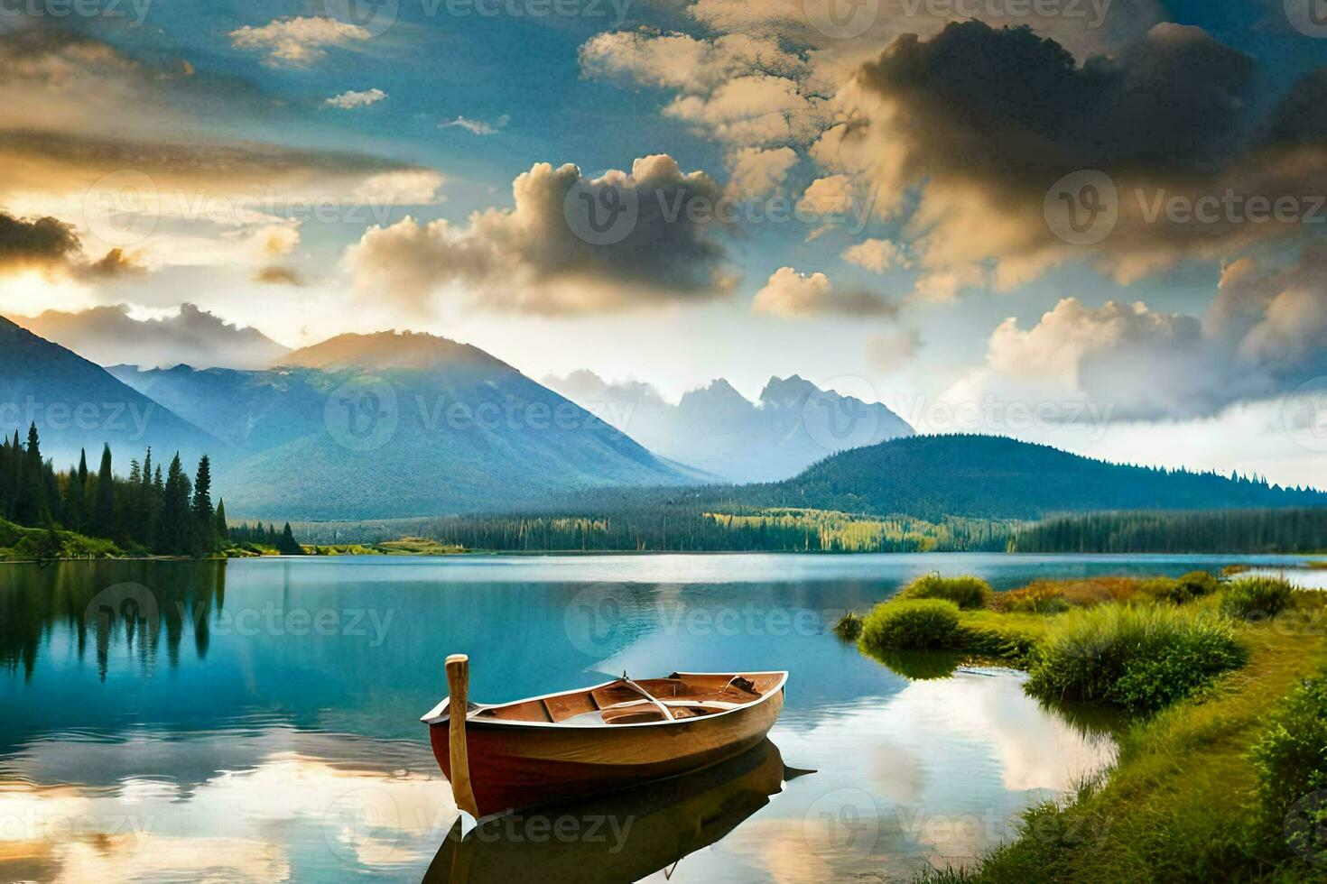 the boat is on the lake, the mountains are in the background. AI-Generated photo