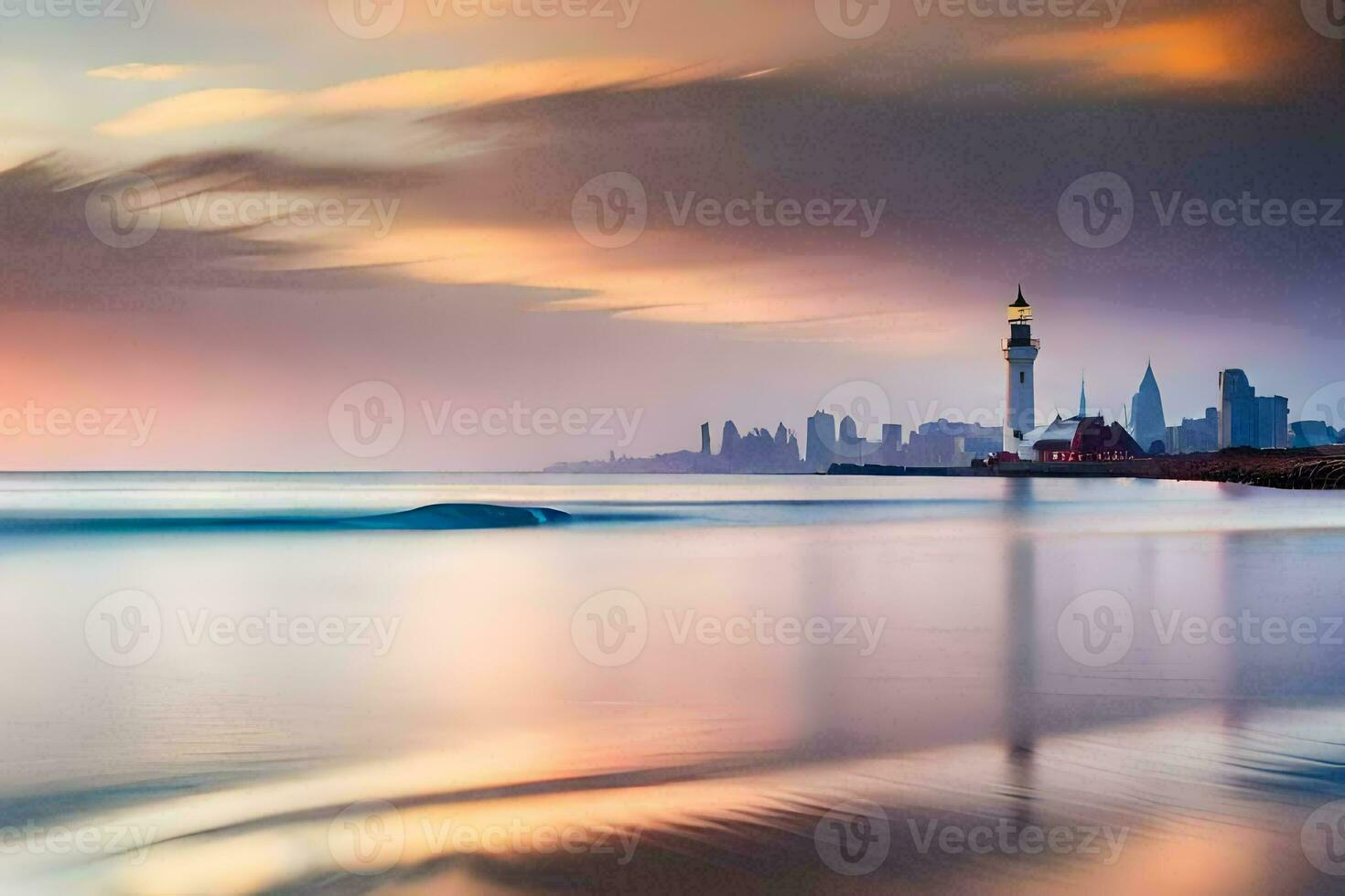 un ciudad horizonte es reflejado en el agua a puesta de sol. generado por ai foto