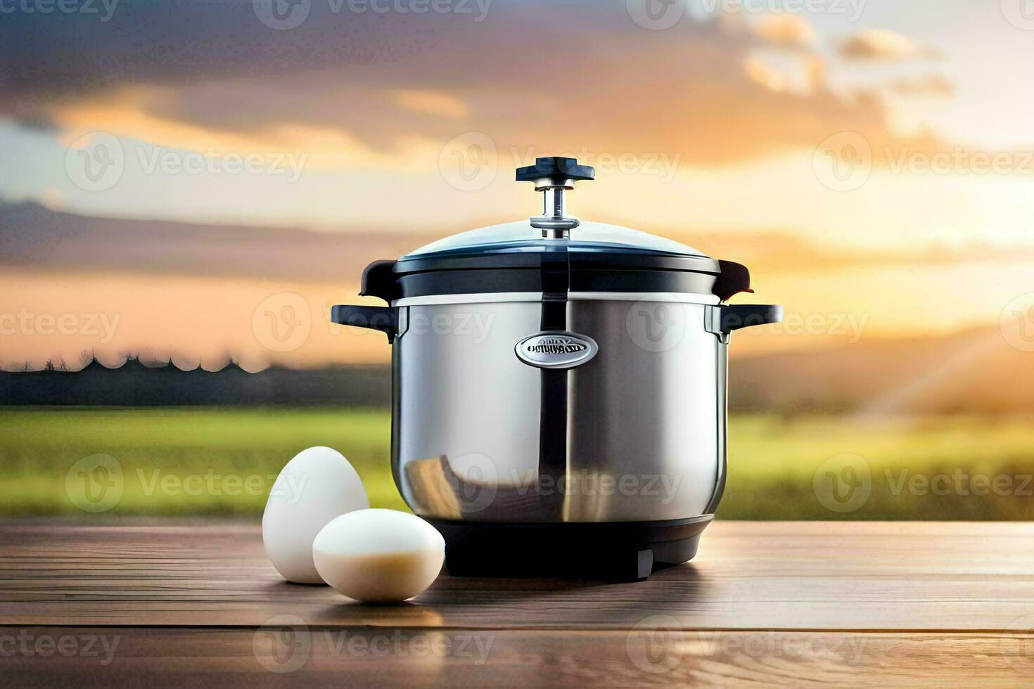 a stainless steel pot with two eggs on a table. AI-Generated photo