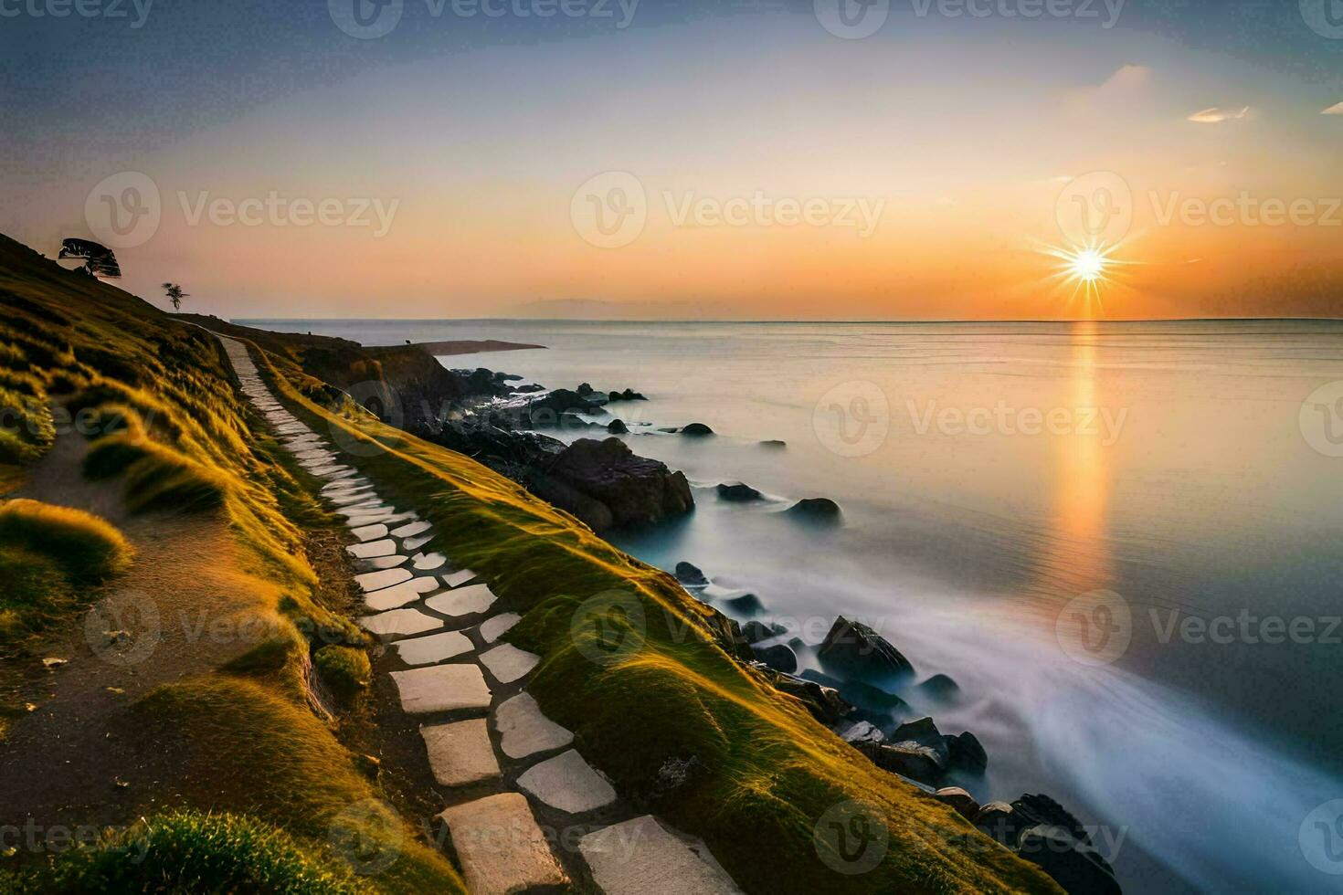 a path leading to the ocean at sunset. AI-Generated photo