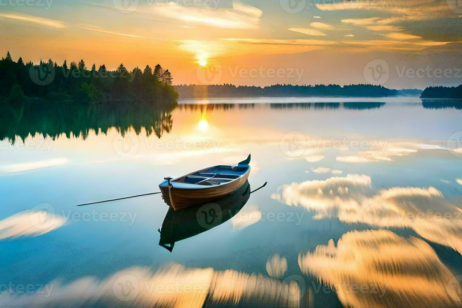 a boat is floating on the calm water at sunset. AI-Generated photo