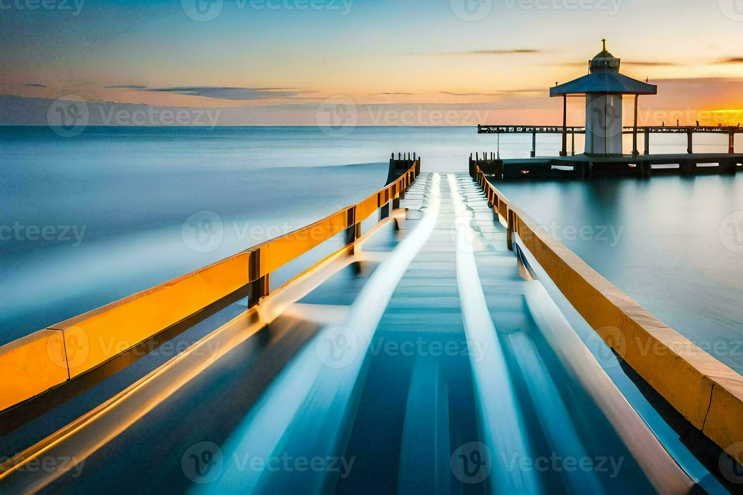 a long exposure photograph of a pier at sunset. AI-Generated photo