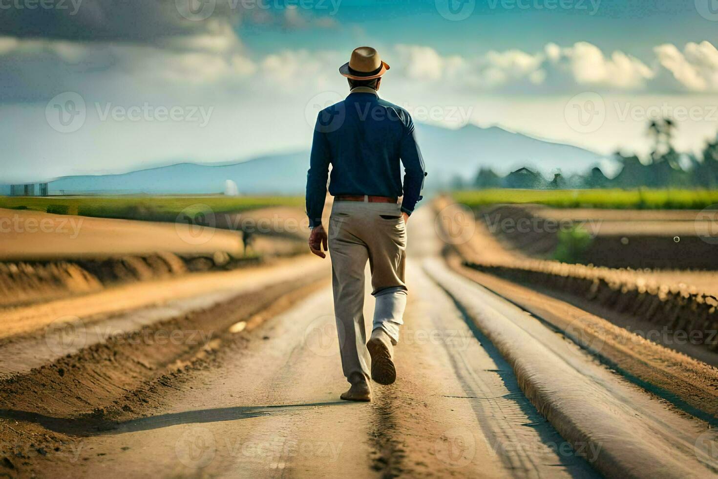 un hombre caminando abajo un suciedad la carretera en el medio de en ningún lugar. generado por ai foto