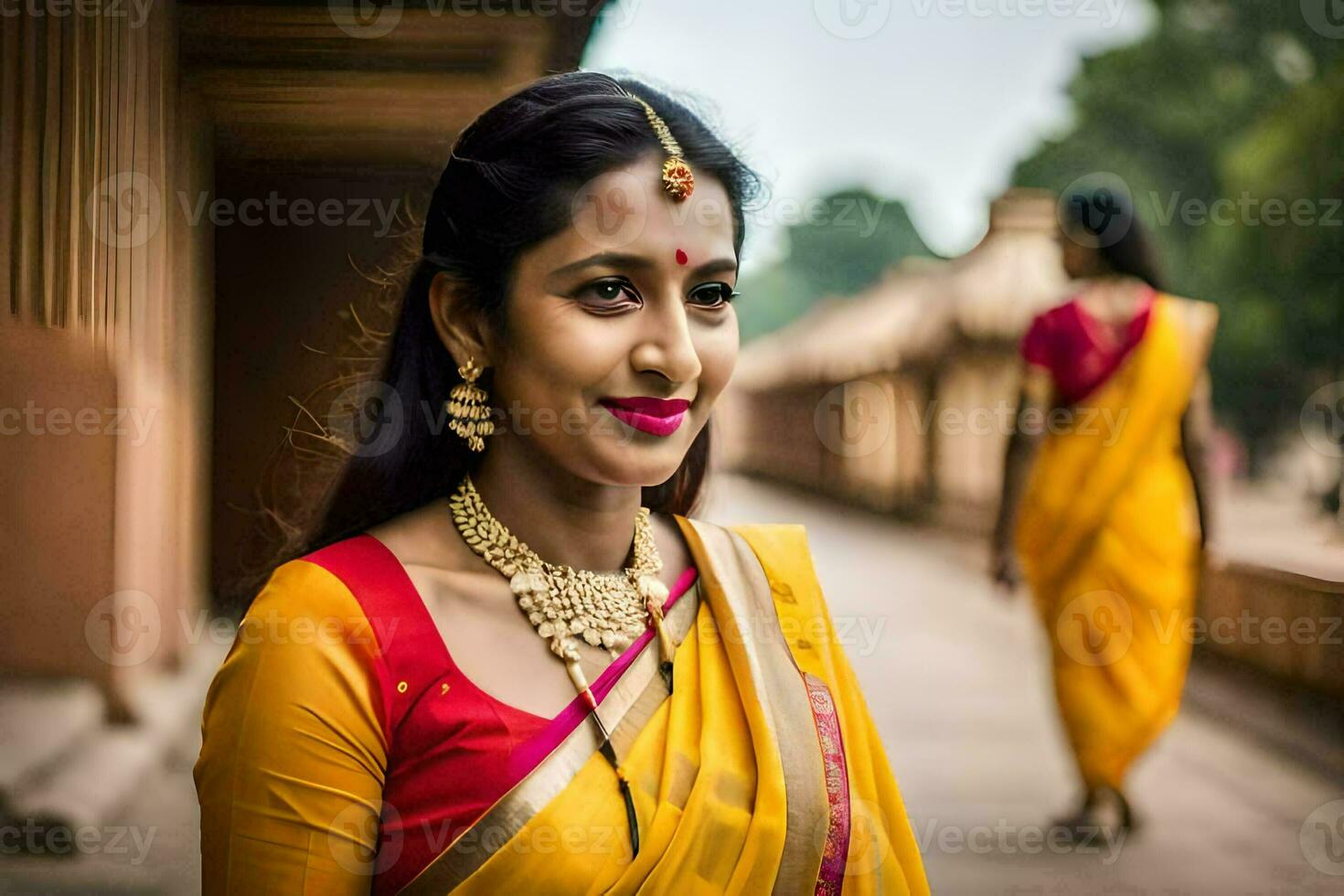 a woman in a yellow sari and gold jewelry. AI-Generated photo