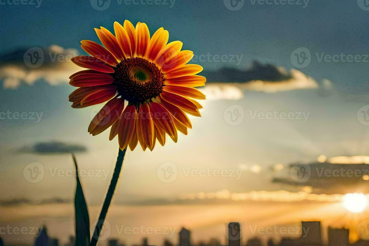 un soltero girasol es en pie en frente de un ciudad horizonte. generado por ai foto