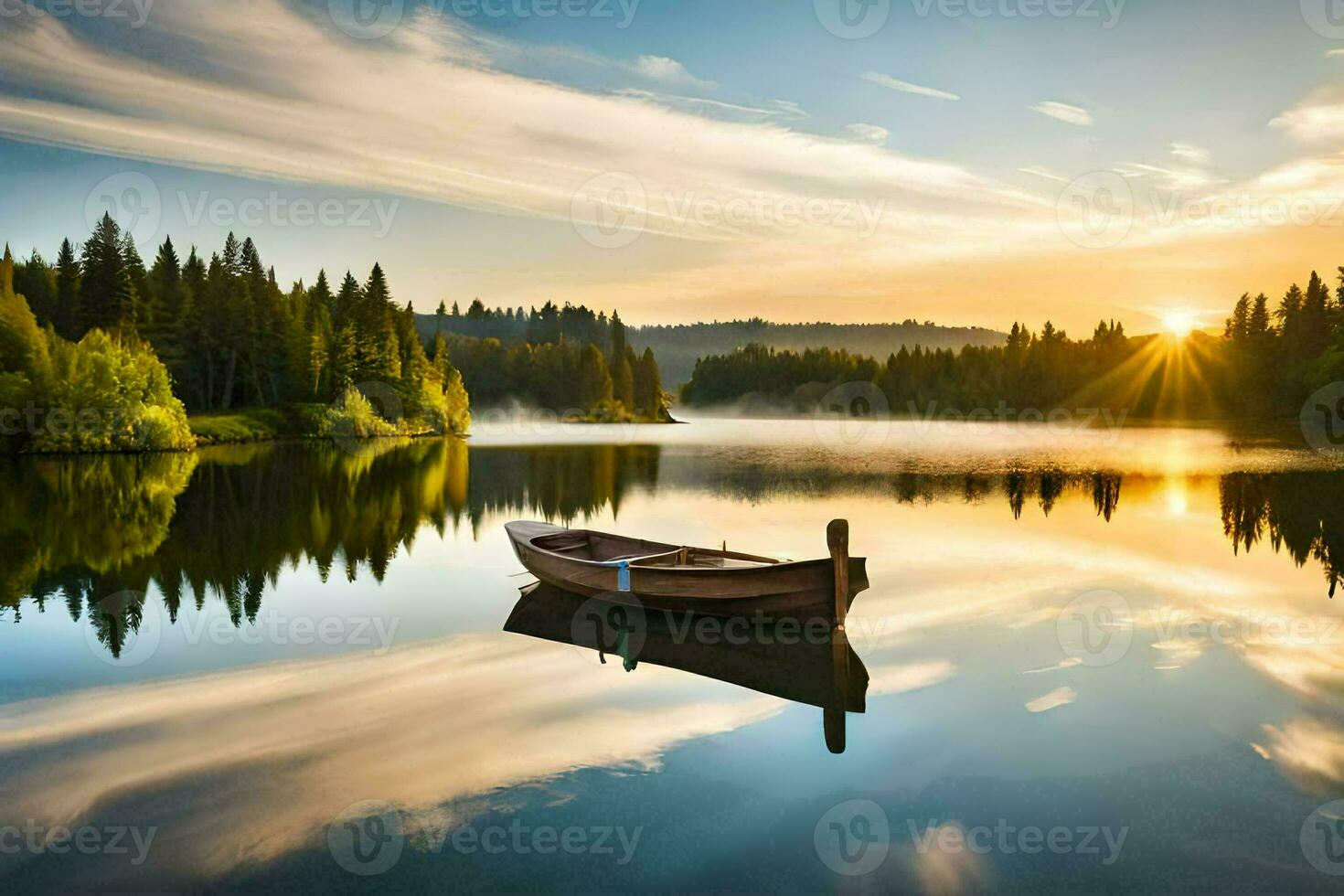 a boat sits on the calm water at sunset. AI-Generated photo