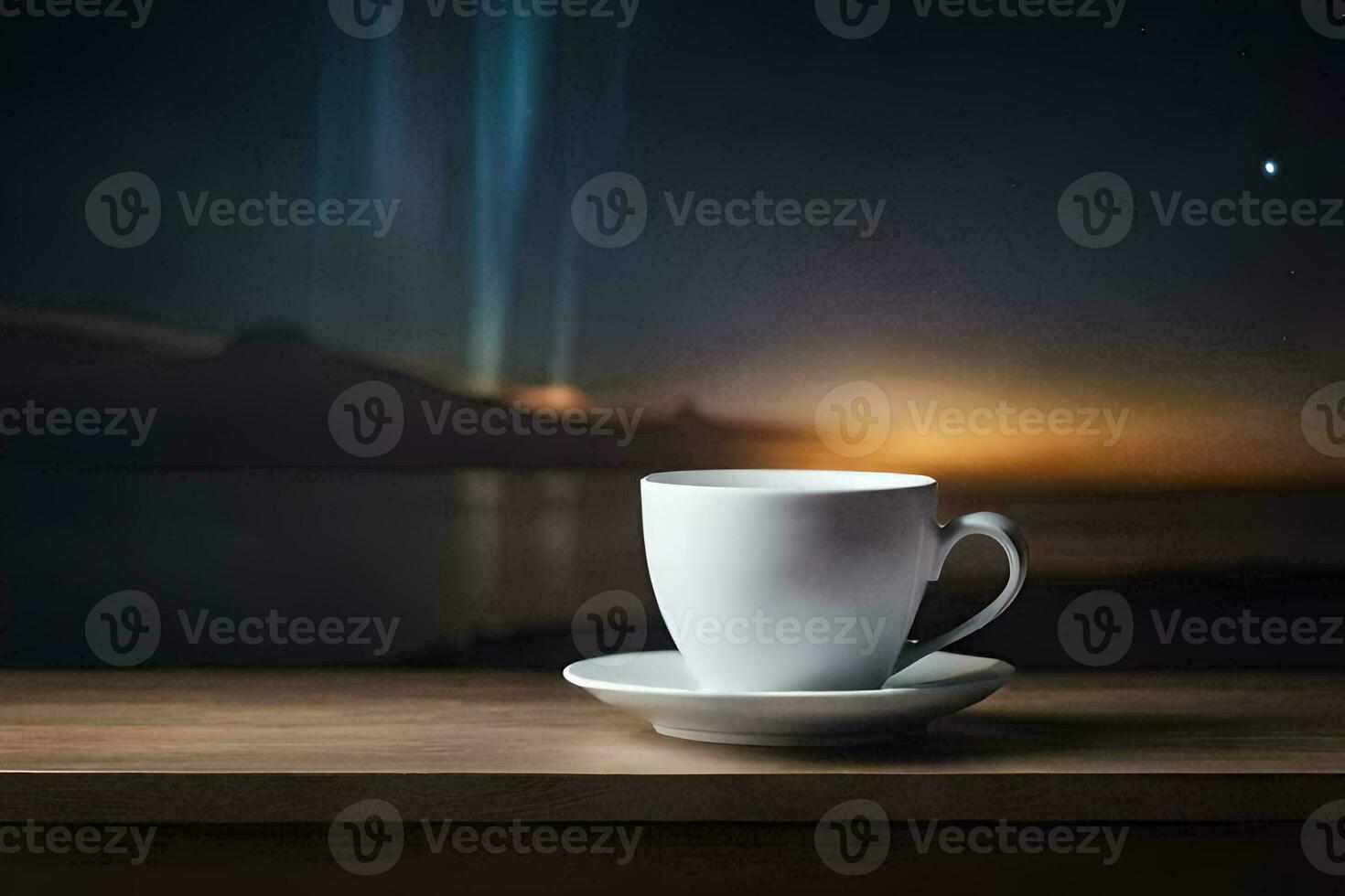 un taza de café en un mesa en frente de un noche cielo. generado por ai foto