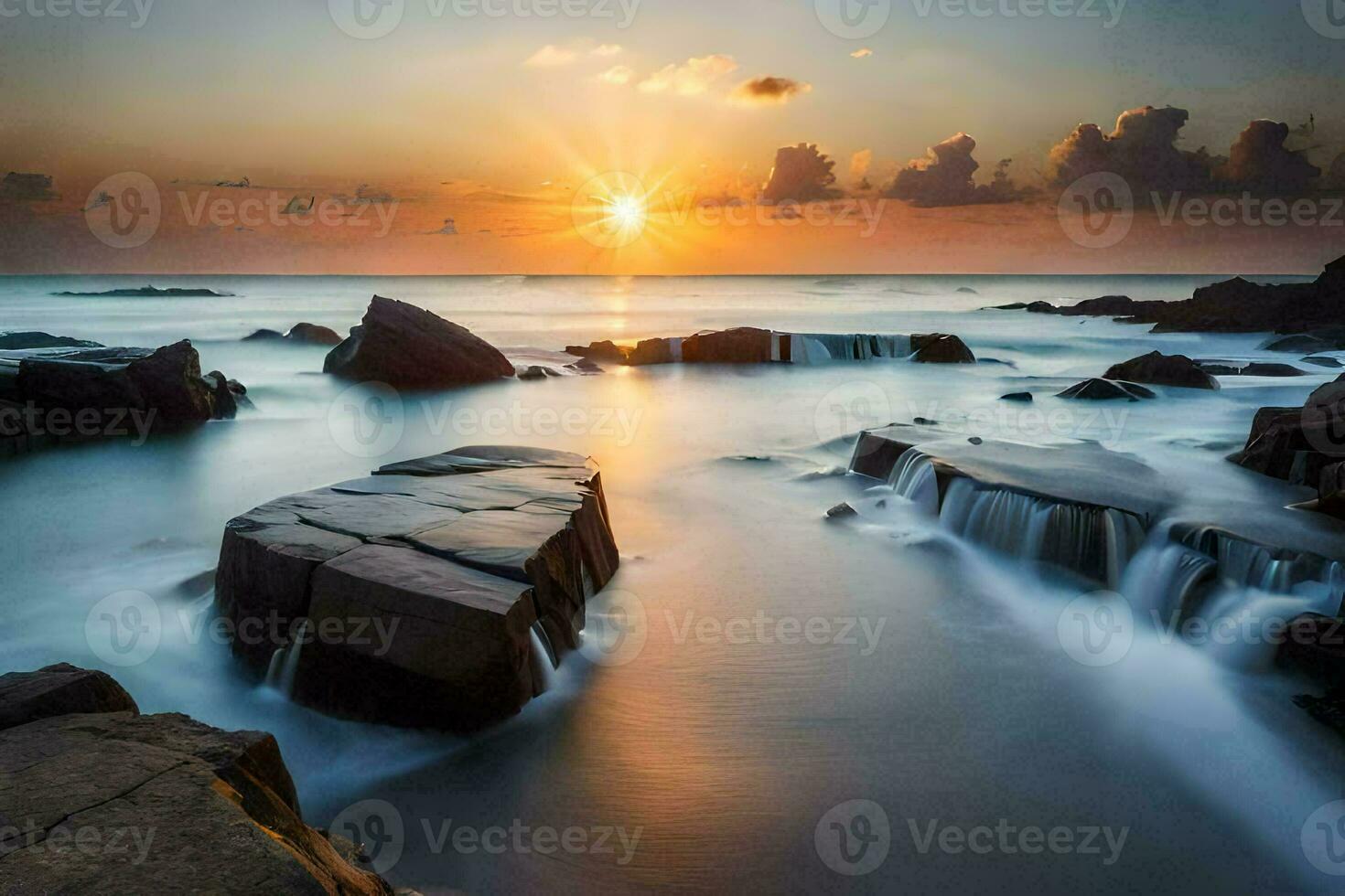 the sun rises over the ocean and rocks. AI-Generated photo