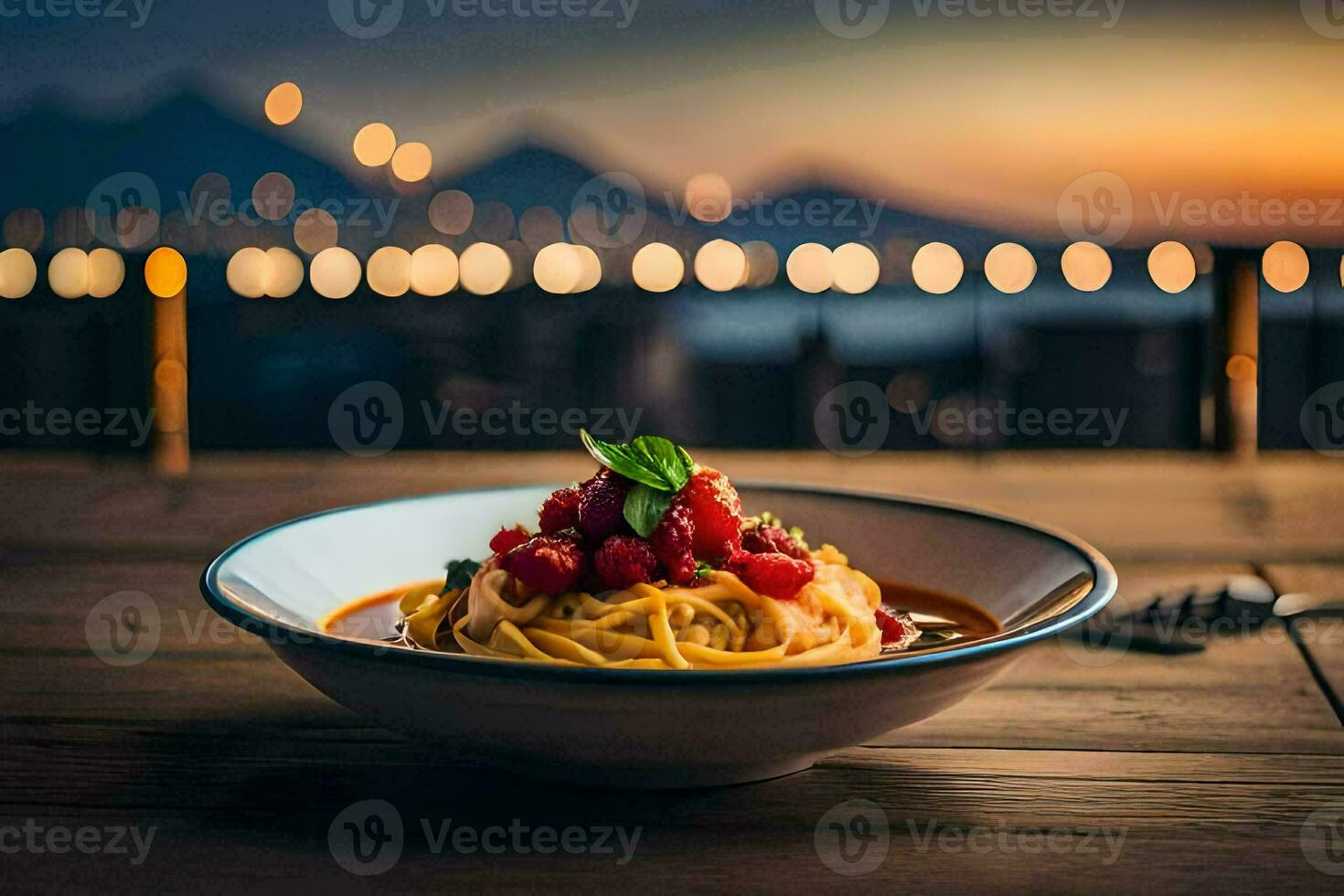 a plate of pasta with tomato sauce and a view of the city. AI-Generated photo