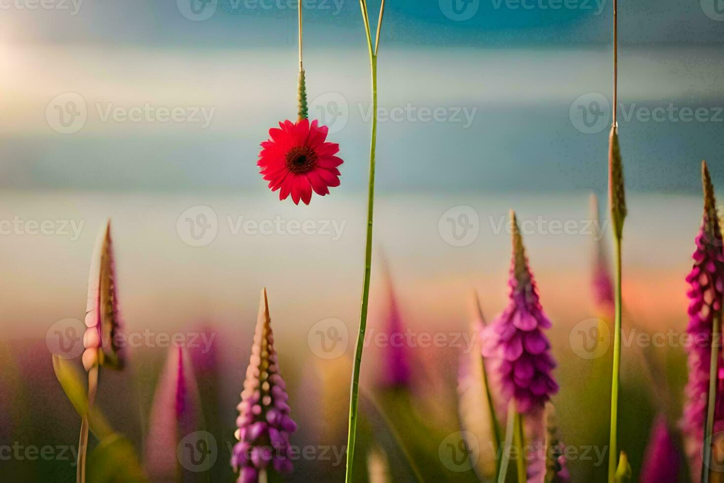 a red flower is hanging from a string in front of a field. AI-Generated photo