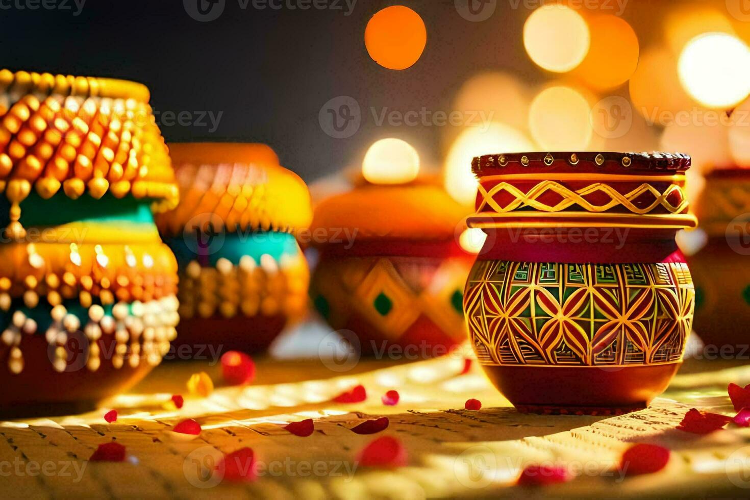 colorful diyas are sitting on a table with candles. AI-Generated photo